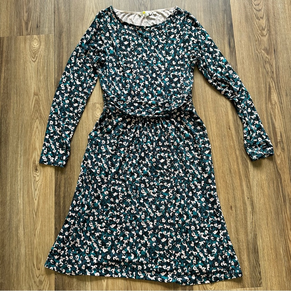 Boden Abigail Jersey Floral Print Blouson Dress 6R Green Pocket Midi Fit & Flare